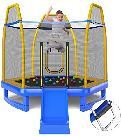 GOPLUS 3 in 1 Trampolin Outdoor, Ø223cm Kindertrampolin aus verzinktem Metall bis 270kg, Gartentrampolin mit Sicherheitsnetz, Rutsche, Leiter & Ozeanbälle, Fitnesstrampolin für Kinder ab 3 (Blau)