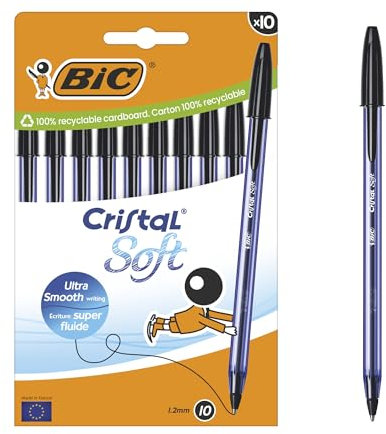 BIC Cristal Soft Bolígrafos Bolitas Punta Media (1,2 mm) con tinta Easy Glide - Negro, Caja de cartón de 10
