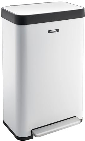 Cooks Professional XL Pedal Bin 65L | Wide Single Compartment Stainless Steel Kitchen or Office Dustbin for Recycling or Waste with Single Pedal Operation, Soft Close Lid & Removable Inner | White