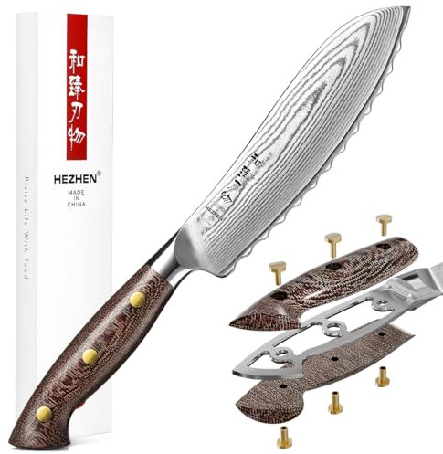 HEZHEN Cuchillos para Tomates Profesional, Lame Serrado Damasco Cuchillos para Verdura, Cuchillos Sierra Full Tang Mango de Micarta