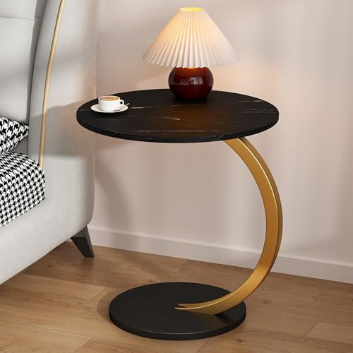Moderner C-förmiger Sofa-Beistelltisch mit Rollen, runder Nachttisch auf Rollen, Vintage-Couchtisch mit schwarzen und goldenen Akzenten, Beistelltisch für Büro und Zuhause