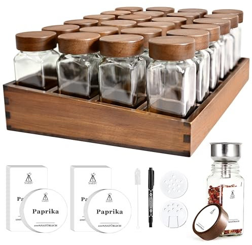 SIAZIH Acacia Etagere a Epices,24 Pot a Epices en Verre et Bois,120ml Bocaux à épices,Elegant Vertical Porte-épices,Organisateur Tiroir Cuisine