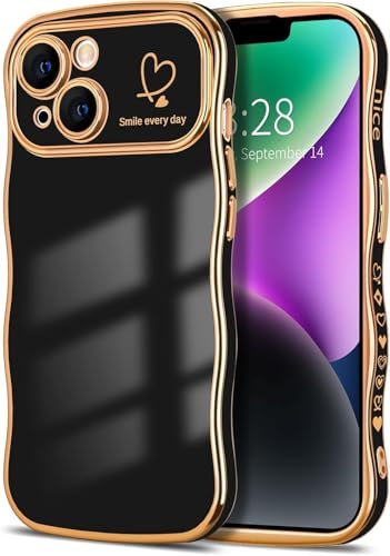 Riccase for iPhone 13 Case Lens Protection for Women Girls Shockproof Cute Wave Frame Curly Shape Plated Love Heart Phone Case for iPhone 13, Black