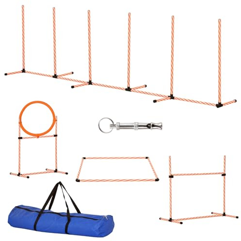 PawHut 4-teiliges Agility-Trainings-Set Hunde-Agility-Trainings-Set mit Slalom-Stange Slalom-Ruhebereich Zaun und Sprungring Orange
