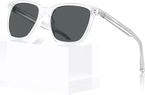 CARFIA Gafas de sol cuadradas retro polarizadas para hombre, 100 % protección UV para conducir y viajar, A17/lente gris con marco transparente, Medium