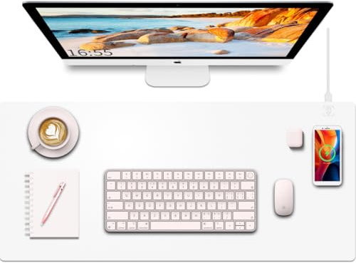 Desk Mat with Wireless Charging, White Mouse Pad with Wireless Charger, Desk Pad Matt for Desktop, Mousepad Gaming Large Mouse Pad, Leather Compute for Keyboard and Mouse, 32 x 16