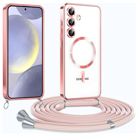 CaseLover Coque avec Cordon pour Samsung Galaxy A25 5G, Magnétique, Or Rose | Compatible MagSafe, Coque de Cellulaire avec Corde, Transparent, Étui en Galvanisé avec Réglable Collier, Lanyard Case Housse