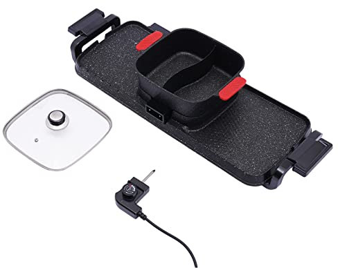 2 in 1 Elektrischer Hot Pot Grill, 1100W+1100W Multifunktionale Doppelte Kontrolle Shabu Shabu, Heißtopf mit Grill, Antihaftbeschichtung, Rauchfrei Herd, Elektrogrill 6 Personen und höher