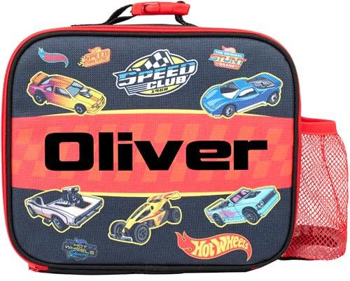 Hot Wheels Bolsa de almuerzo personalizada para niños, bolsa aislada para niños y niñas, personalización de nombre, color negro
