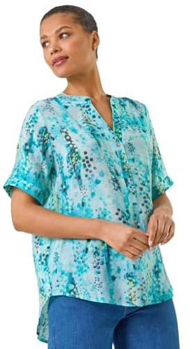 Roman Originals V-Neck Top for Women UK - Ladies Buttoned Short Sleeve Blouse Shirt T-Shirt Everyday Holiday Summer Casual Smart Office Work Casualwear Leisure Party - Blue Abstract - Size 20