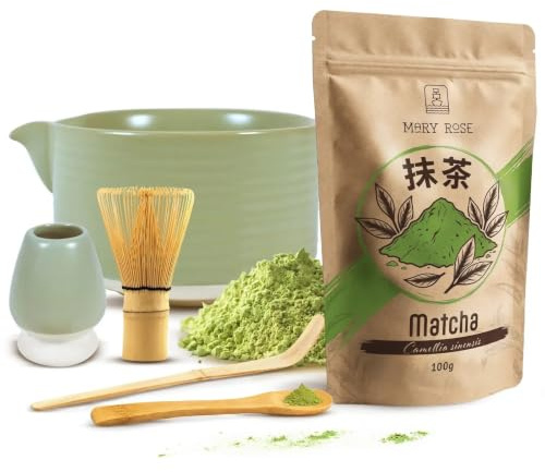 Kit Matcha Mary Rose: Thé Vert 100g avec fouet en bambou et accessoires | Découvrez le rituel traditionnel du thé vert avec le coffret matcha complet Mary Rose idéal pour débutants et passionnés