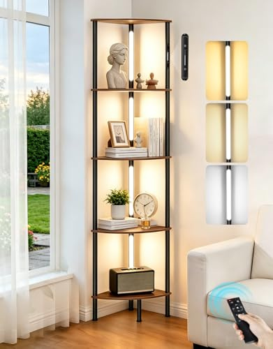 OUTONLIFE 5-Tier Corner Bookshelf with LED Lights, Touch & Remote Control, 3 Color Temperatures, Dimmable Narrow Display Shelf for Living Room, Bedroom, Office(Rustic Brown)