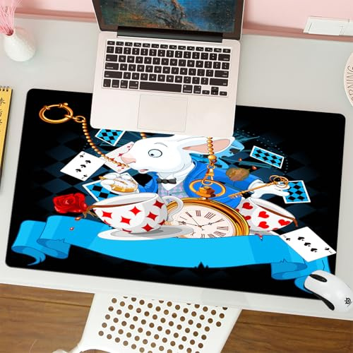QRFASFZO Großer Mauspad - 80x30cm Gaming-Mauspad mit genähten Kanten, Nicht rutschender Unterlage,Kunst, Kaninchen in geheimnisvoller Umgebung, Uhren und Spielkarten, umgeb,Schreibtischmatte und Maus