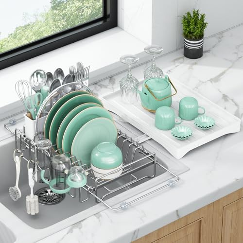 Aufworld Escurridor de Platos, Expandable de Acero Inoxidable 304 Resistente al Óxido con Bandeja de Escurrido, sobre el Fregadero para Encimera de Cocina con Portaútencilios y Portavasos