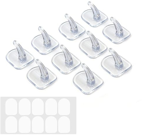 CrestHaven 10 PCS Small Self Adhesive Hooks - Clear Sticky Plastic Wall Hooks, No Drilling, Perfect for Bathroom, Kitchen, Office