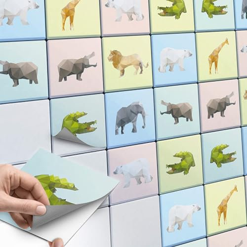 Fliesen Mosaik Klebefliesen - CREATISTO Fliesensticker I Klebefolie Fliesen Sticker Aufkleber Badfliesen Küchen-Fliesen Wand Deko Kinder I 10x10 cm - Motiv Origami Tiere - 9 Stück