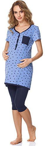 Bellivalini Damen Umstands Pyjama mit Stillfunktion BLV50-126 (Blau Punkte/Marineblau, S)