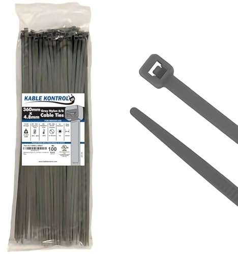 Kable Kontrol Grey Cable Ties, 360 mm x 4.8 mm, Pack of 100, 14 Premium Nylon Zip Ties, Multi-Purpose Plastic Tie Wraps, Secure Self-Locking Mechanism, for Home, Garden, Office and DIY