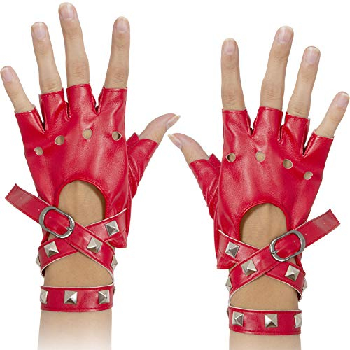 Skeleteen Fingerlose Kunstlederhandschuhe – rote Biker-Handschuhe mit Gürtelverschluss und Nieten-Design für Damen und Kinder