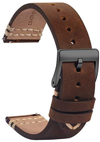 TStrap Leder Uhrenarmband 21mm - Weich Braun Quick Release Uhrenarmbänder Ersatz - Sport Uhrenarmband für Herren Damen - Smartwatches Armband mit Schwarz Schließe - 18mm 19mm 20mm 22mm