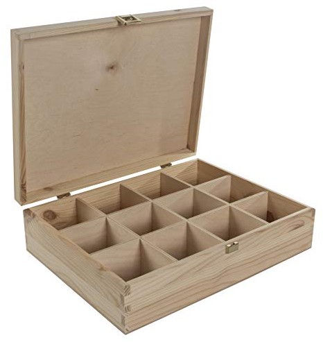 WooDeeDoo Large Rectangular Wooden Box with 12 Compartments and Gold Clasp – 29 x 22.5 x 8.5 cm Natural Pine Tea Storage Keepsake Gift Box DIY Personalised Decoration Unpainted Multipurpose Organiser