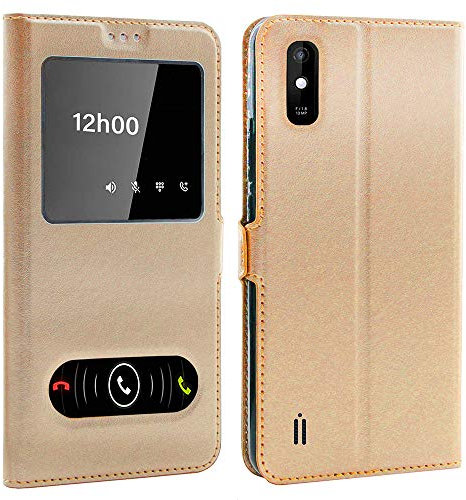 CEKA TECH Coque pour Wiko Y81 (6,2 Pouces), Etui Housse avec FENETRES, Pochette Magnétique (Gold)