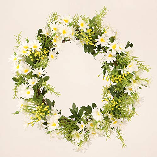 Dekorativer Türkranz,35cm Kunstblumen Türkranz Gänseblümchenkranz Großer Blumenkranz mit grünen Blättern Frühlingskranz Künstliche Blumen Dekoration für Zuhause, Partys, Türen, Hochzeiten