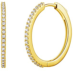 Groß MittelGroße Creolen Ohrringe Breite Huggie aus 925 Sterling Silber mit Gelb Vergoldet mit Funkelnd Zirkonia Rundschliff Schmuck für Damen Frauen Mädchen - Durchmesser: 30 mm