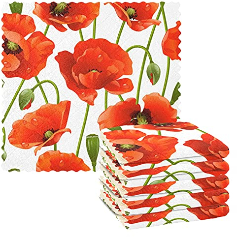 Poppy 6 Stück Küchen-Geschirrtücher mit Mohnblumen-Motiv, waschbar, saugfähig, Geschirrtücher zum Abwaschen von Geschirr, Glas zu Hause, Küche, Haushaltsbedarf