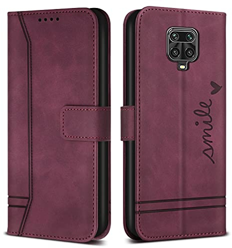 Bravoday Hülle für Xiaomi Redmi Note 9 Pro/Redmi Note 9S, PU Ledertasche Handyhülle Flip Schutzhülle mit Kartenfäch & Kickstand, Weinrot