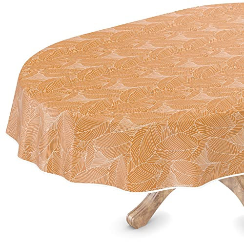 ANRO Tischdecke abwaschbar Wachstuch Wachstuchtischdecke Oval 140 x 200cm mit Saum Mathilda Hellbraun Beige pflegeleicht Wachstischdecke wasserabweisend Gartentischdecke Meterware Lotuseffekt