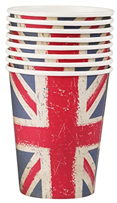 Smiffys 52615 Union Jack - Bicchieri di carta con stampa vintage, confezione da 8, unisex adulto, rosso, blu e bianco, taglia unica