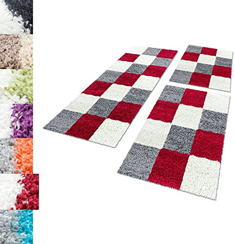 Carpettex Bettumrandung Schlafzimmer 3teilig Shaggy Teppich Hochflor Karo Muster Rot Bettset:2 mal 80x150 + 1 mal 80x250 - Bettvorleger Schlafzimmer Läuferset Flauschig Langflor Bettumrandung Teppich