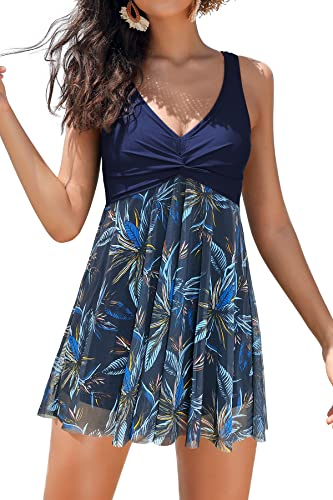 SHEKINI Women's Swimdress One Piece V Neck Swimming Costume Splice Printed Mesh Soft Cup Padded Elegant Bathing Suit Tummy Control with Boyshort, Blue, X-Large