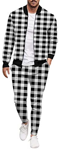 QWUVEDS Herren Winter Casual Street Woven Jacket Coat Pants Plaid Zweiteiler Polyester Jogginganzug Herren