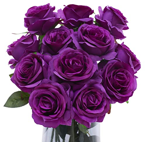 Floralsecret 12 Pcs Artificial Roses Flowers Silk Flower Bouquet Fake Single Stem with Long Stem for Home Wedding Party Garden Decoration(Purple)