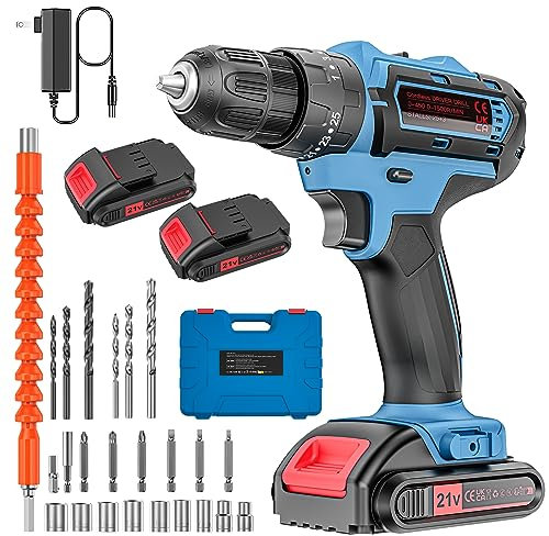 Jaylene Cordless Power Drill Set with Battery and Charger, 25+3 Mini Drill 21V Electric Drill Cordless Hammer Impact Drill Set with 3/8 Inch Keyless Chuck with 2 Batteries