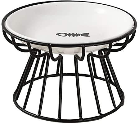 GALER Raised Cat Bowl, Cat Food Bowl with Metal Stand, Ergonomic Cat Plate Elevated Cat Bowls Ceramic Anti Vomit Cat Feeding Bowl Food Water Shallow Tilted Ceramic Dish for Cat Small s (Black, Fish)