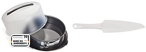 Zenker 7020 Springform mit Transporthaube Ø 28 cm DELUXE & Tortenmesser, 29 cm Patisserie, praktischer Küchenhelfer aus Kunststoff, Küchenutensil zum schneiden, anheben und servieren von Kuchen, weiß