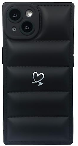 Puffer Handyhülle für iPhone 13, quadratischer Rand mit trendigem, niedlichem, weißem Herz – The North Puffy Down Jacket Face Stoßfeste Kamera – Elegantes und luxuriöses Design für Apple-Hüllen für