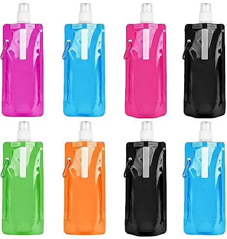 flintronic Bouteilles d'eau Pliable 500ML, Bouteille d'eau réutilisable Flexible Pliable, 8PC Reutilisable Gourde Souple Pliable avec Crochet pour Les Aventures Les Voyages