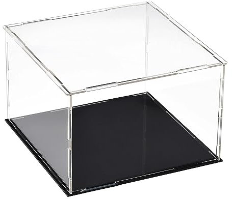TA-VIGOR Transparente Acryl-Vitrine, 15 x 15 x 10 cm, zusammenbaubar, Würfel-Organizer, Ständer, staubdichter Schutz, Vitrine mit schwarzem Sockel für Actionfiguren, Spielzeug, Sammlerstücke,