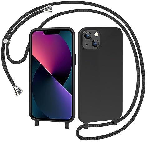 AOMYKE Handyhülle für iPhone 13 Mini Hülle mit Band, Handyband iPhone 13 Mini Hülle zum Umhängen Schutzhülle mit Kette Kordel Weich TPU Liquid Silikon Case, Schwarz