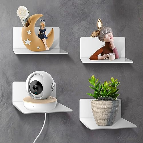 SHEPIN Lot de 4 Etagere Murale Blanche, Etagere Murale sans Percage en Acrylique, Etagere Salle de Bain, Etagères Murales avec Trous de Câble pour Salle de Bain, Cuisine, Chambre, Salon etc