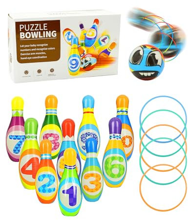 TayBong Bowling Set Kinder, 17-teiliges Kegelspiel für Kinder mit 10 Kegeln und 2 Bällen,5 Wurfringe, Pädagogisches Lern-Spielzeug für Drinnen & Draußen, Jungen und Mädchen