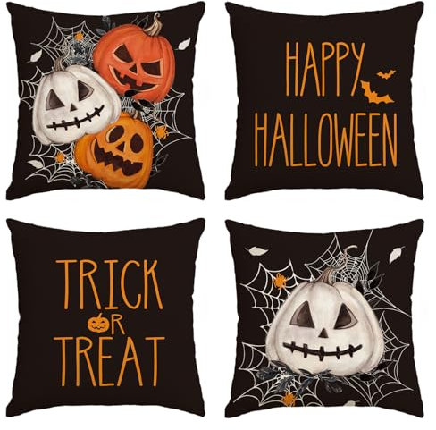 Artoid Mode Schwarz Spinnennetz Jack-o'-Lantern Happy Halloween Kissenbezüge 4er Set, 45x45 cm Trick or Treat Zierkissenbezug Cushion Cover Deko