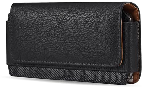 Premium-Leder-Handy-Holster für iPhone 15, 14, 13, 12, 11 Pro, 15/14/13/12/11/XR, Holstertasche mit Clip für Galaxy S24, S23, S22, S20 5G, S10e, S7, S6, Schwarz