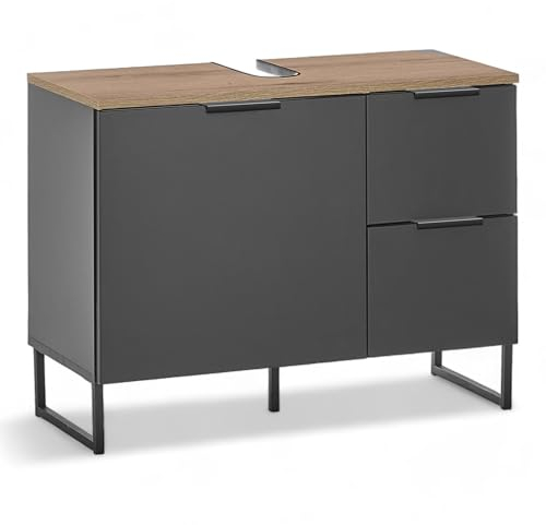 Denver Badezimmer Waschbeckenunterschrank in Schwarz/Evoke Eiche Optik FSC-Zertifiziert - Bad Unterschrank Badezimmerschrank mit viel Stauraum - 80 x 60 x 35 cm (B/H/T)