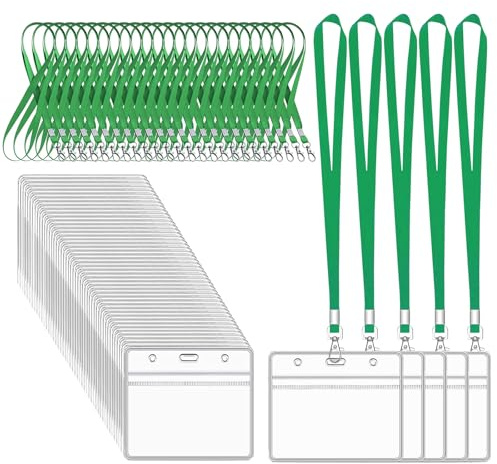 XHDA 50Pcs Green Lanyards for Neck with Clear Card Holders | Nylon Lanyards, PVC Ziplock Card Holders, 45 cm Neck Length, Fits 90 x 60 mm Cards, for Offices, Schools and ID Cards