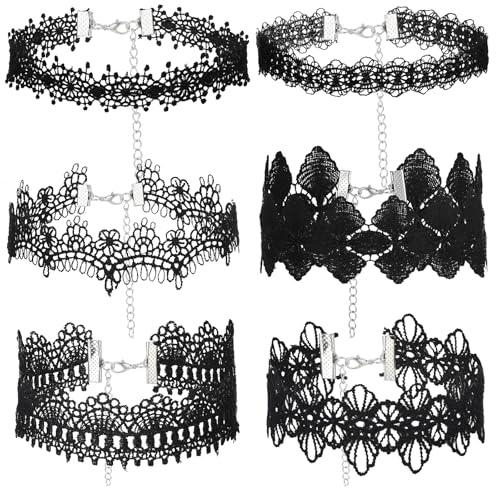 Andibro 6Pcs Black Choker Necklace, Tattoo Choker Necklace Black Choker Set 2000s Goth Lace Choker Set Old School Punk Necklace for Masquerade Halloween Parties